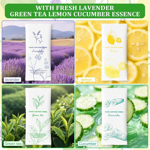 Moist Cotton Towels - Individually Wrapped Refreshing Towelettes | 100 Count in Lavender, Green Tea, Lemon & Cucumber