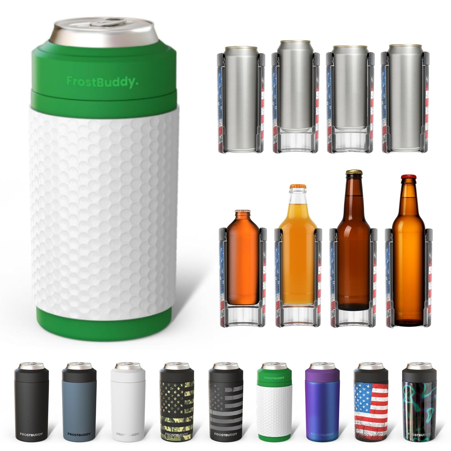 Frost Buddy Universal Buddy Can Cooler - Fits All - For Regular 12 & 16 oz or Slim-Size Bottles - Insulated Double -Walled Stainless Steel (All white)