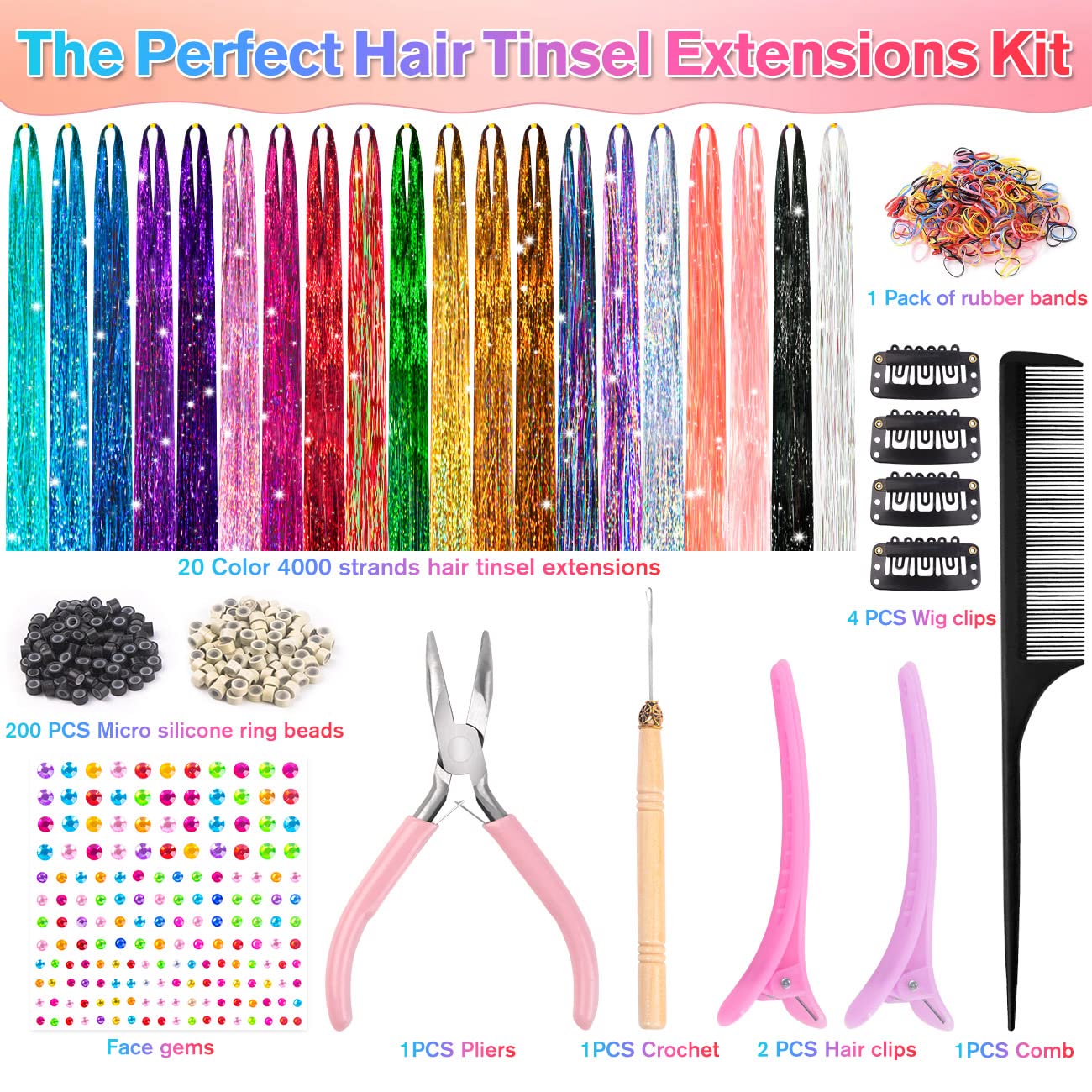 20 Colors 48 Inch Fairy Hair Extensions - Heat Resistant Tinsel Hair Accessories Kit with Tools and Rhinestones for Women and Girls, 4000 Strands