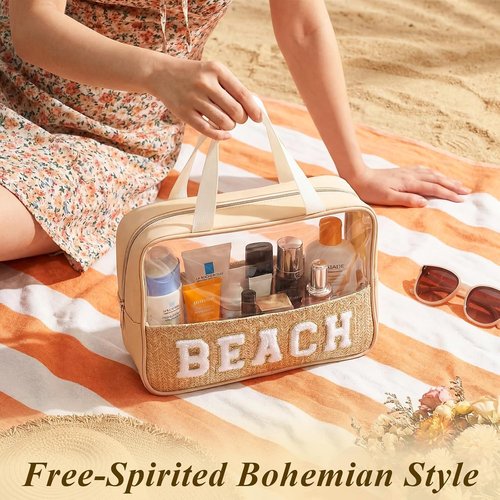 Kajaia Clear Beach Bag - Large Woven Transparent Makeup & Toiletry Storage | Boho Chenille Design - Beige