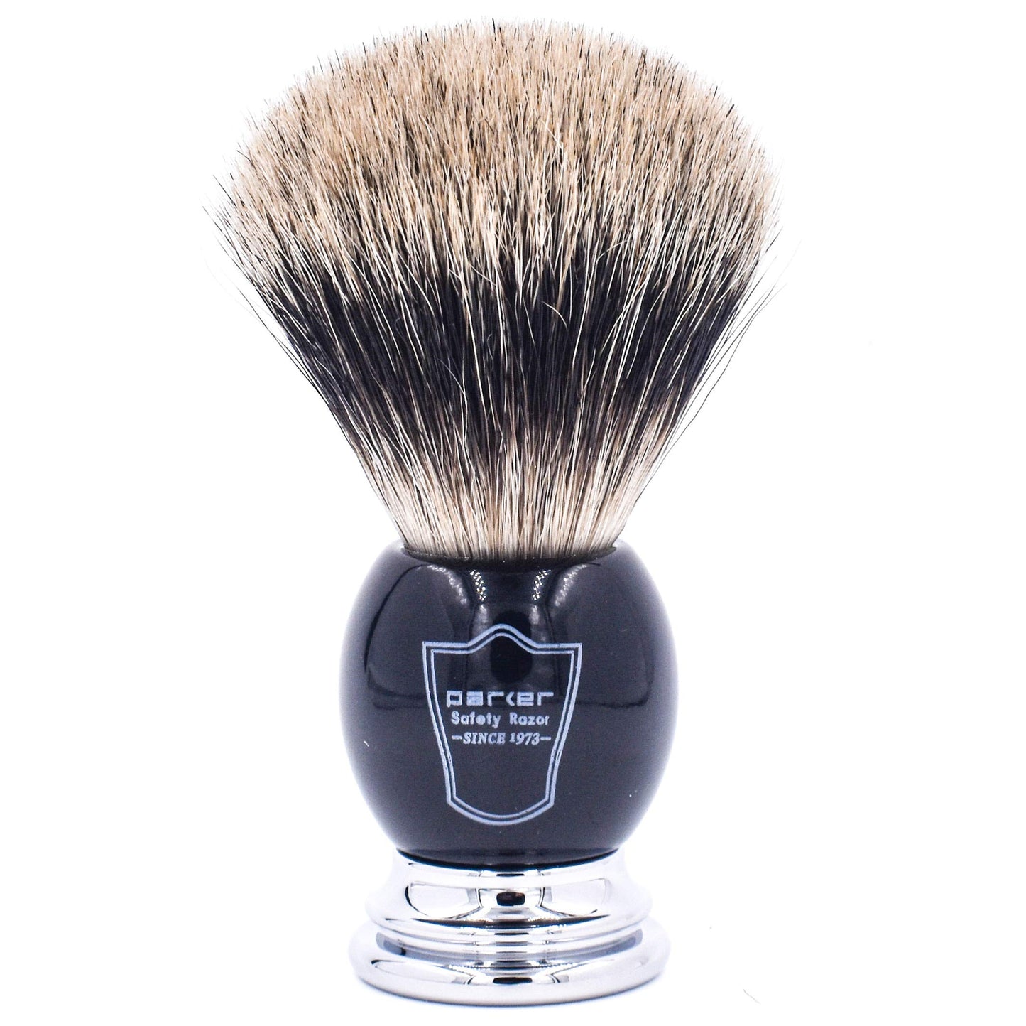 Parker Premium 3 Band Pure Badger Shaving Brush with Stand Included - Packaged in a Gift Box - Generate a Thick & Luxurious Lather with Your Favorite Shave Soap - Black & Chrome Handle
