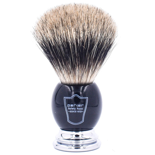 Parker Premium 3 Band Pure Badger Shaving Brush with Stand Included - Packaged in a Gift Box - Generate a Thick & Luxurious Lather with Your Favorite Shave Soap - Black & Chrome Handle