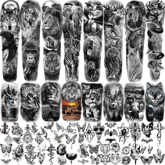 SOOVSY 46 Sheets Temporary Tattoos for Men (22.83"X7.1"), Extra Large Full Arm Temporary Tattoos Sleeve for Women, Lion Tiger Snake Wolf Waterproof Realistic Animal Fake Tattoo Stickers for Boys