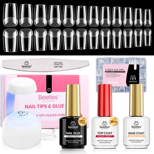 Beetles Gel Nail Kit Etch-X, Square Short, 288pcs 12 Sizes Nail Tips, 3Pcs 15ml HEMA-Free Nail Glue Top Coat & Base Gel Set, with Mini Lamp, Press On Nail, Long Lasting Extension DIY Set at Home