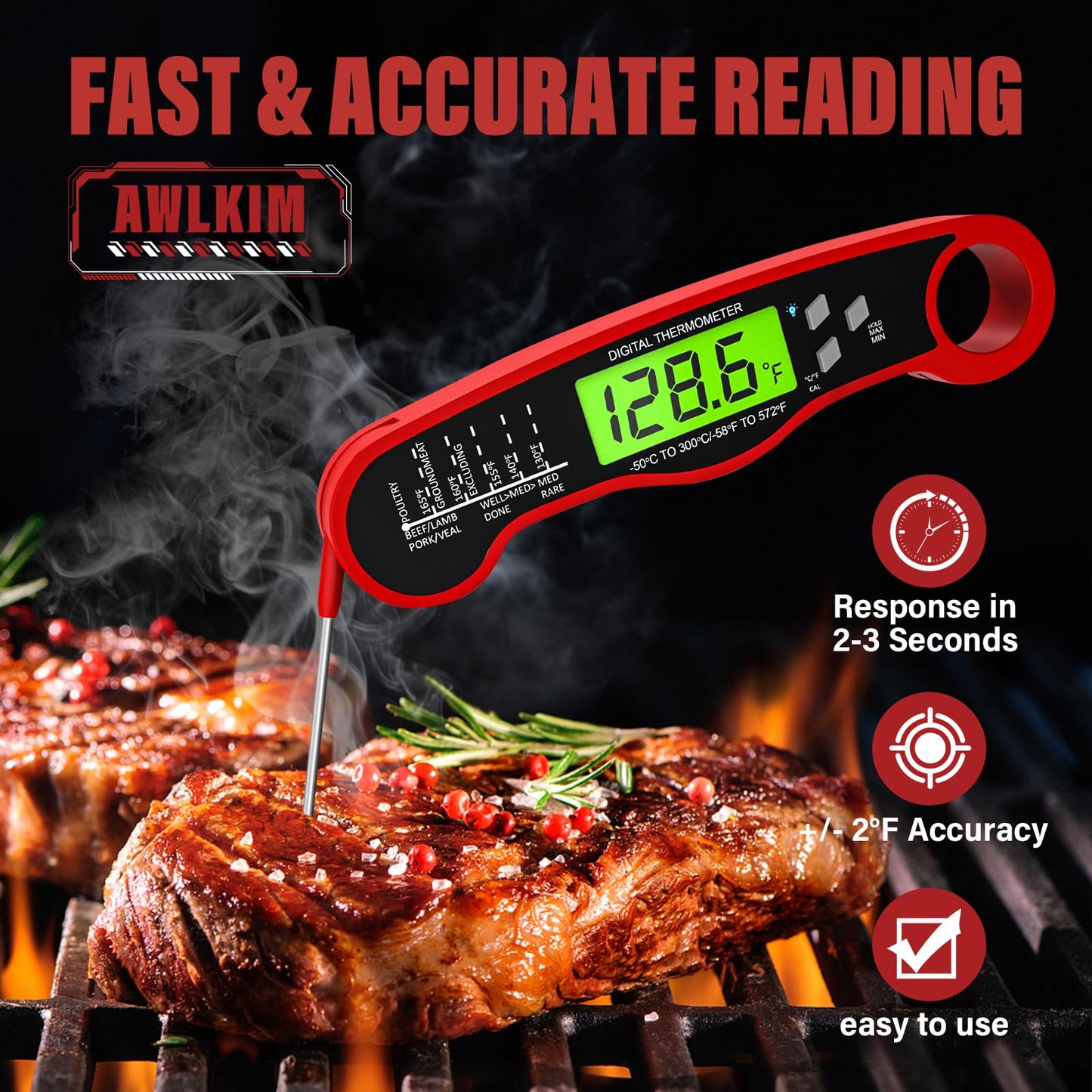 Fast Instant Read Meat Thermometer with Backlight - Waterproof Digital Food Probe for Grilling, Cooking, Baking & Candy Making - Kitchen & BBQ Essential(Black)