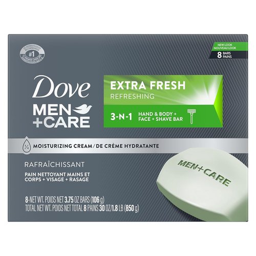 DOVE MEN + CARE 3-in-1 Bar Cleanser - Extra Fresh Body, Face & Shaving Formula | 3.75 Ounce (Pack of 8)