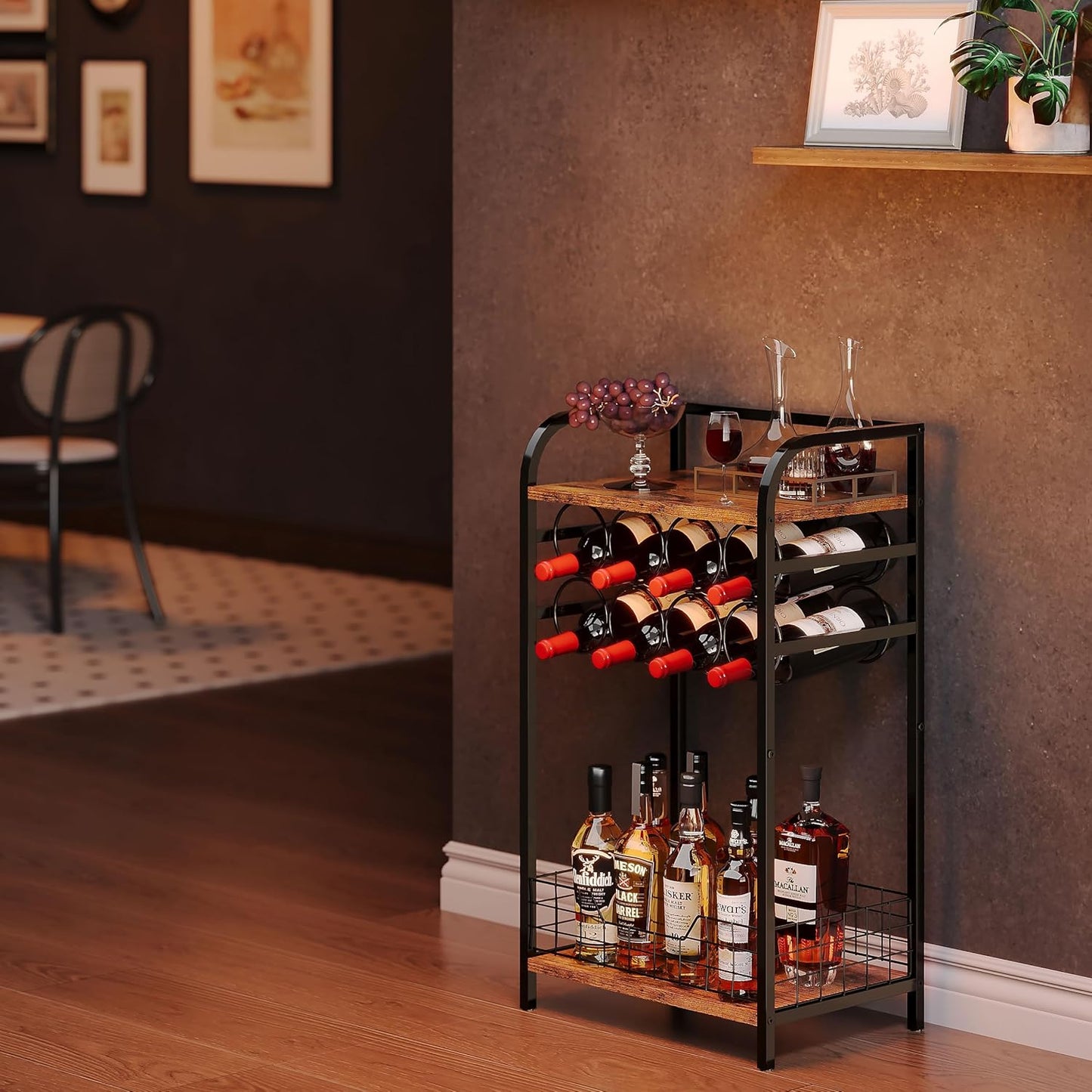 3-Tier Wine Bar Table: Small Liquor Bottle Holder with 8-Bottle Wine Rack Mini Wine Bar Cabinet Corner Whiskey Display Shelf Floor Liquor Storage Bar for Home Living Room