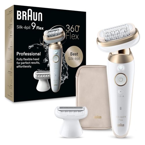 Braun Silk-épil 9 Flex Epilator - 360° Flex Head for Wet & Dry Use | Includes Shaver Head & Trimmer Comb, Tinted Gold