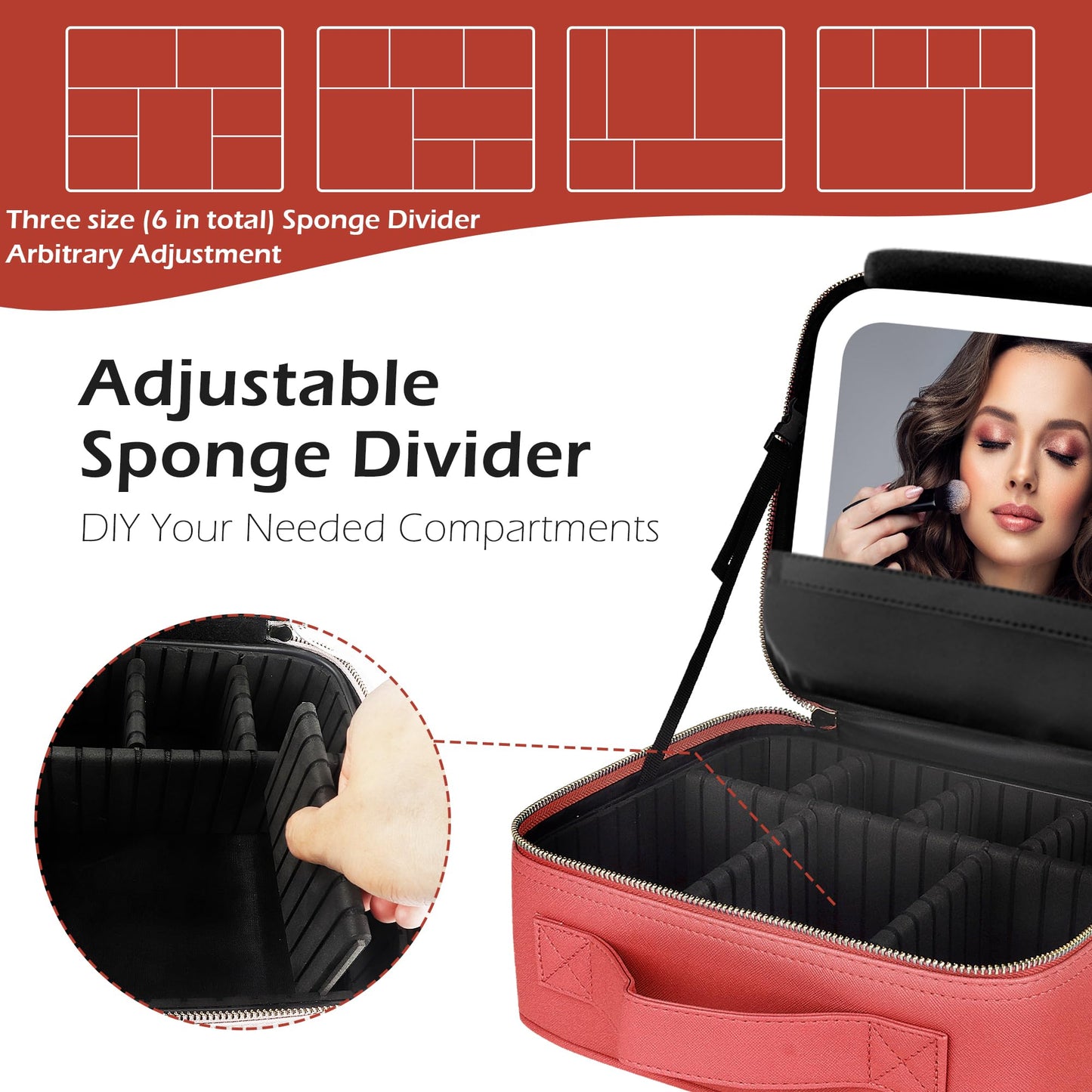 MOMIRA Travel Makeup Bag Cosmetic Bag Makeup Organizer Bag with Large Lighted Mirror 3 Color Scenarios Adjustable Brightness,Red