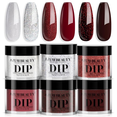 AZUREBEAUTY Dip Powder Set - 6 Burgundy Red Colors for DIY Nail Art | No Lamp Needed, Perfect Starter Kit