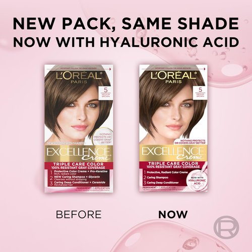 L'Oreal Paris Excellence Crème Permanent Hair Dye, Triple Care Hair Color with Pro-Keratine Complex for 100% Gray Hair Coverage, 5 Medium Brown, 1 Kit (Pack of 3)