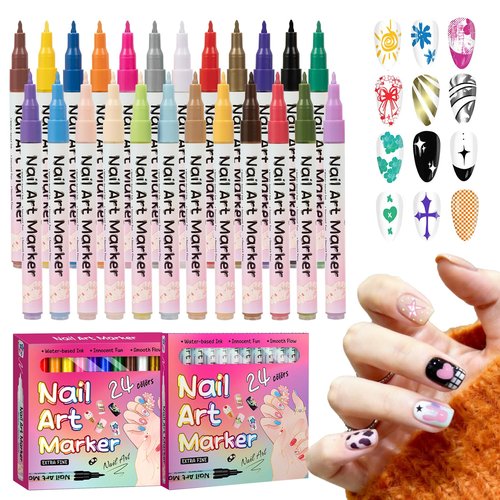 RFENLY 24 Colors Nail Art Pens Set, 3D 0.5MM Nail Polish Pens, DIY Nail Markers, Quick Drying Long Lasting Paint Graffiti Point Dotting Liner Pen Tools for Home & Salon