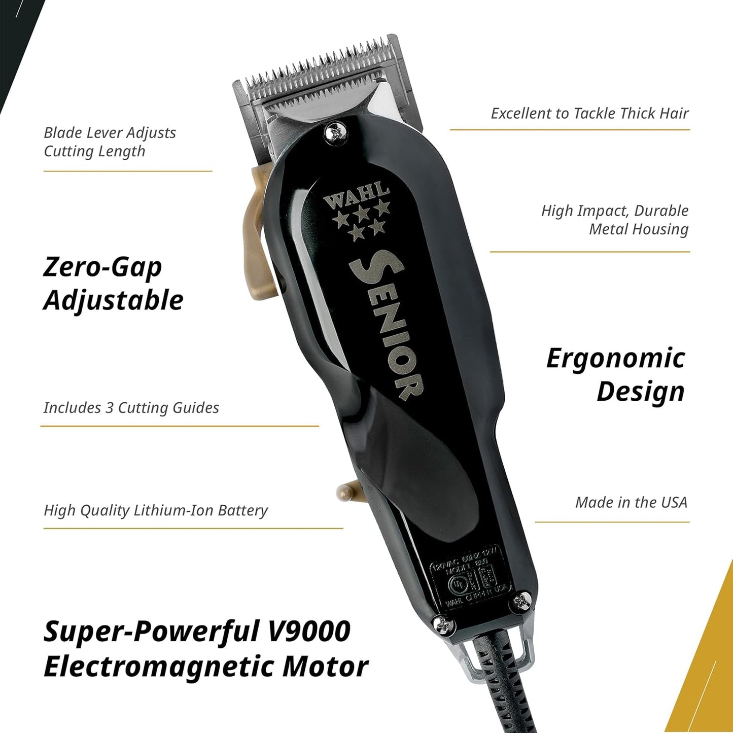 Wahl Professional 5 Star Senior Clipper - V9000 Motor, Adjustable Taper Lever & 3 Cutting Guides