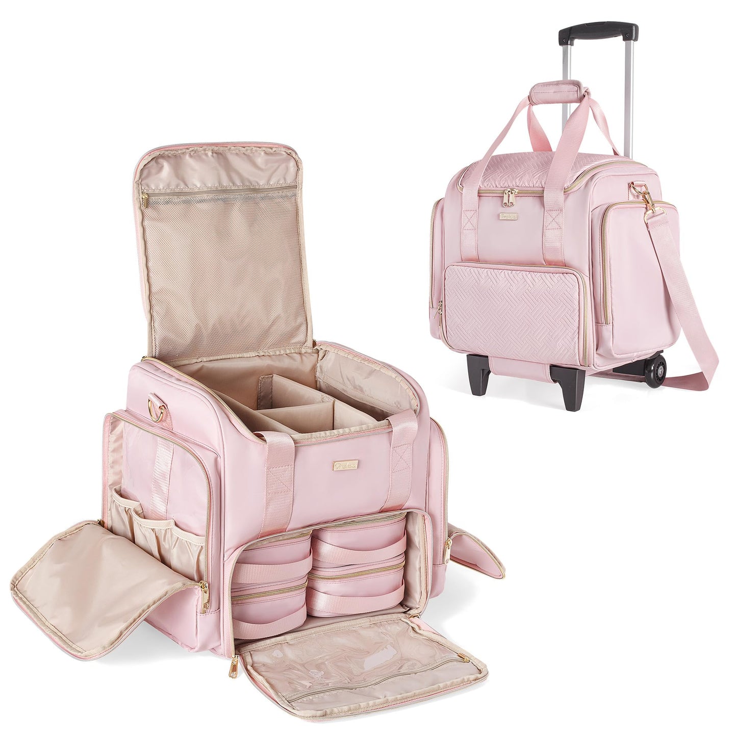Prokva Rolling Makeup Case with 4 Removable Bags, Professional Makeup Train Case with Wheels, Makeup Artist Travel Bag with Brushes Storage Section, Pink (Patent Design)