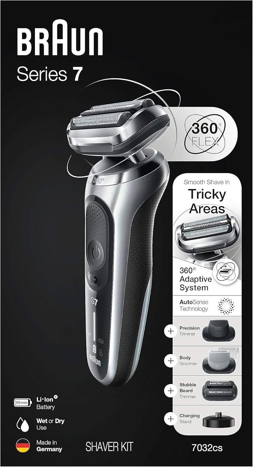 Braun Series 7 7032CS Electric Razor for Men - Wet & Dry Rechargeable Foil Shaver with Beard Trimmer | Silver