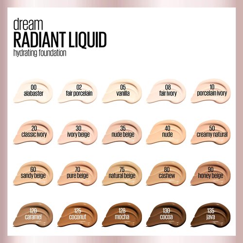 Maybelline Dream Radiant Liquid Medium Coverage Hydrating Makeup, Lightweight Liquid Foundation, Ivory Beige, 1 Count