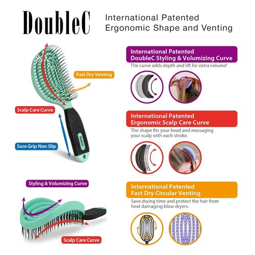 NuWay DoubleC Detangling Hair Brush – Patented Double Curve Scalp Care Hairbrush for Gentle Detangling, Volume Styling & Wet or Dry Hair (Mint Green)