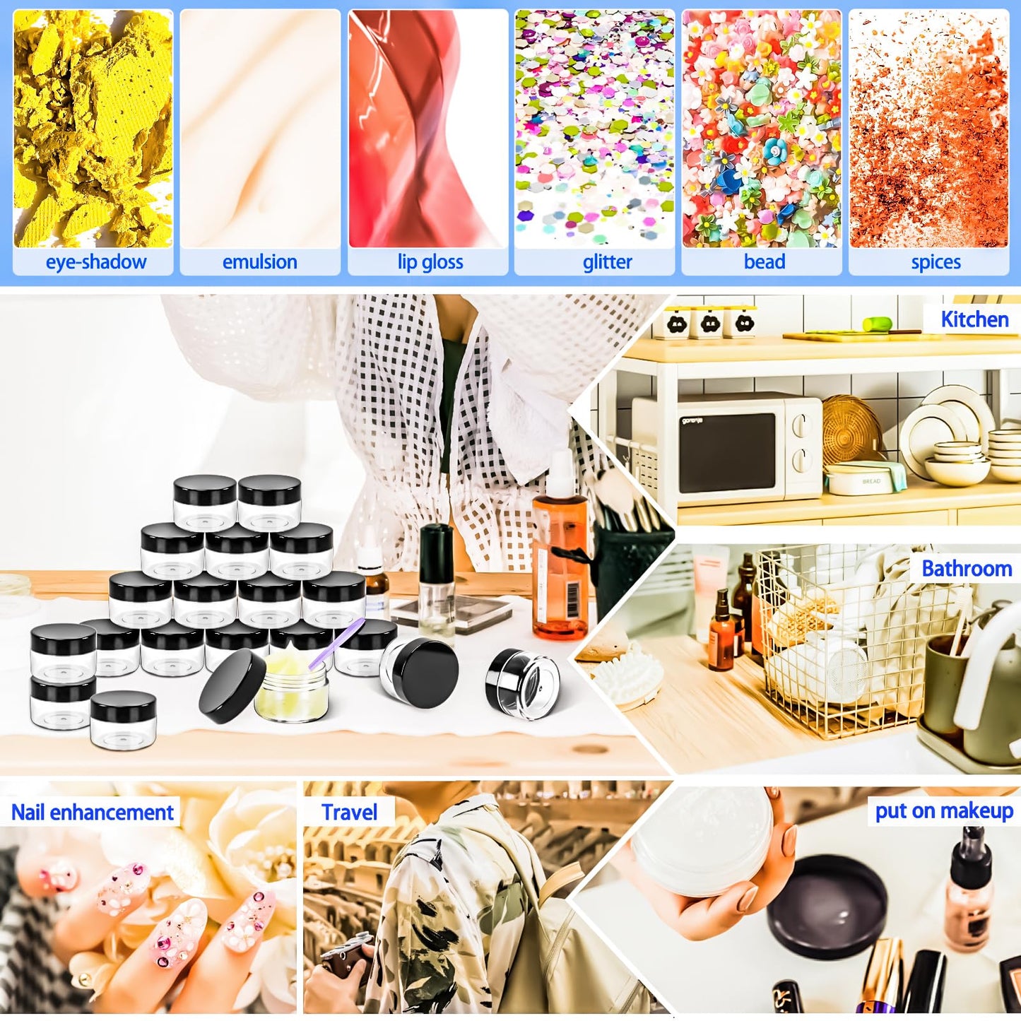 MotBach 40 PCS 15g Empty Plastic Containers with Black Lids, Small Makeup Containers, 0.5oz Small Sample Pot Jars Round Travel Cosmetic Jars with Spatulas for Liquid, Powder, Cream, Lotion