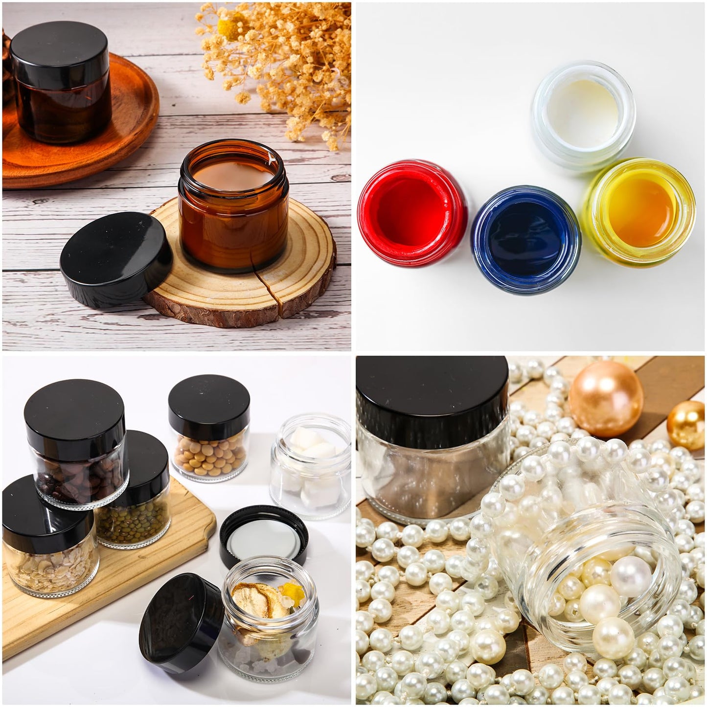 Layhit 60pcs 2 oz Glass Jars with Lids Empty Round Cosmetic Jars with Inner Liners White Labels for Storing Lotions Powders Ointments Candle Making (Clear,Amber,Black)