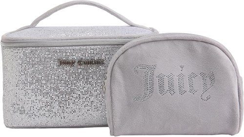 Juicy Couture Silver Sparkle Makeup Bag Set - Travel Essentials Organizer with Glitter Velour Finish