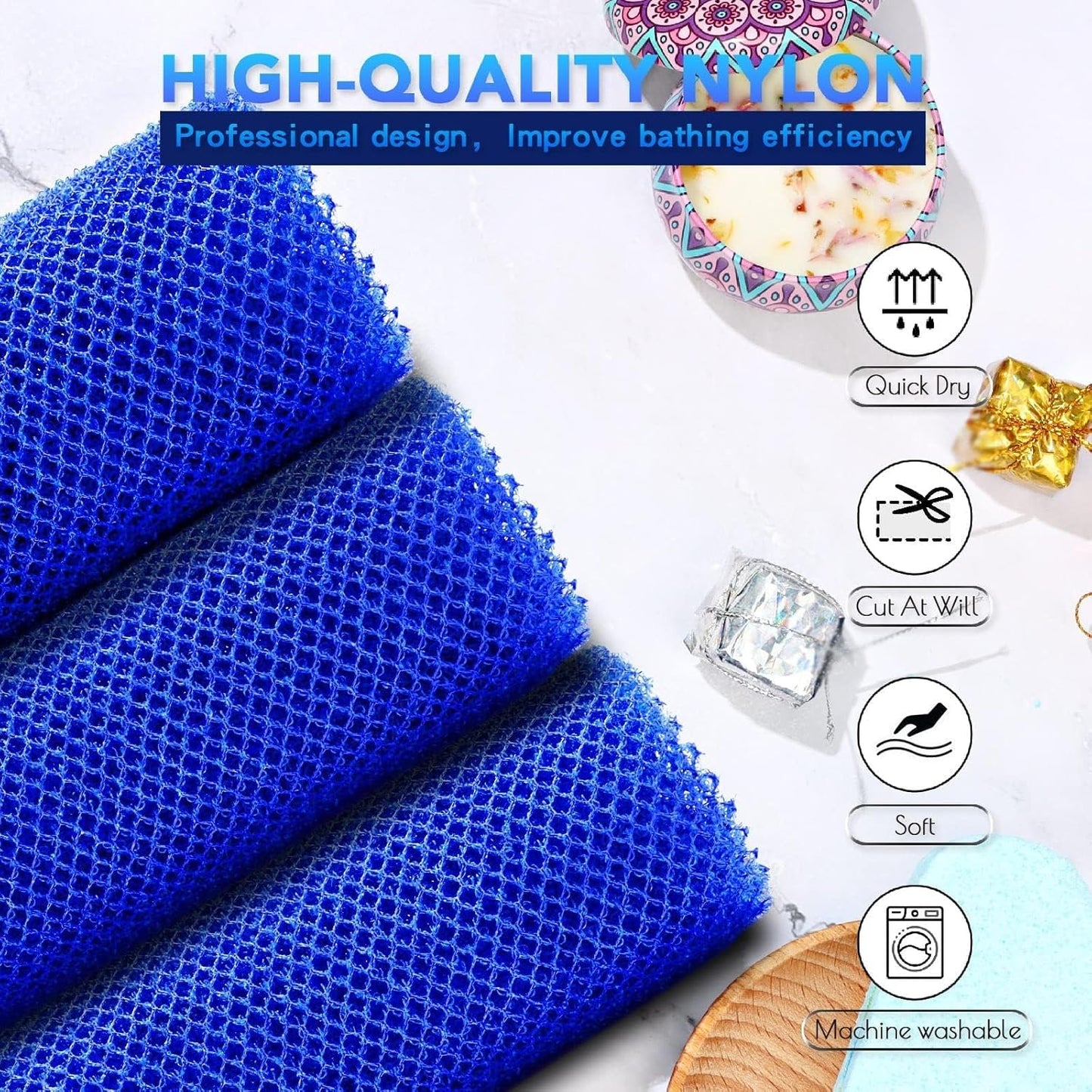 UJFQBH African Bath Sponge Set - Exfoliating Net Body Scrubber for Smooth Skin | 3 Pieces in Blue
