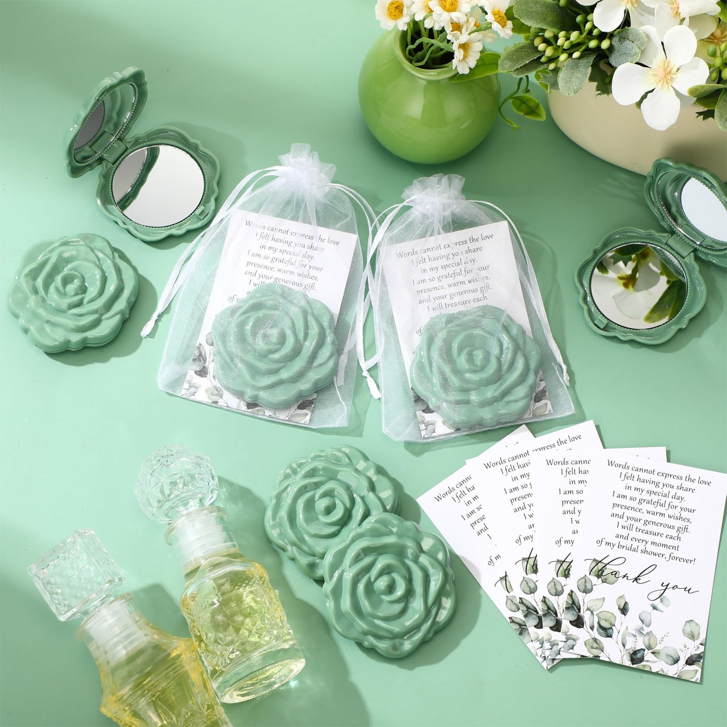 FoldTier 50 Sets Bridal Shower Party Favors for Guests Small Rose Compact Mirror Bulk Wedding Favors Thank You Cards and Organza Bags Wedding Party Guests Souvenir Gift (Green)