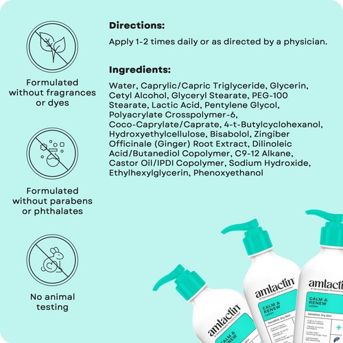 AmLactin Calm & Renew Lotion - Therapeutic Body and Face Moisturizer for Sensitive Skin - No-Scrub Exfoliator and Body Lotion for Dry Skin with Lactic Acid AHA and Soothing Ginger Root, 14.1 oz
