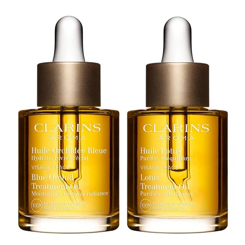 Clarins Face Treatment Oil Bundle - Hydrating Blue Orchid & Purifying Lotus Oils for All Skin Types