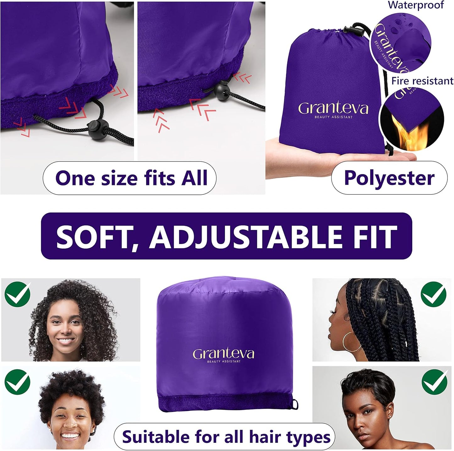 Bonnet Hair Dryer w/A Headband Integrated That Reduces Heat Around Ears & Neck - Diffuser Cap for Hair Dryer Curly Hair, Speeds Up Drying Time, Deep Conditioning at Home - Large (Purple)