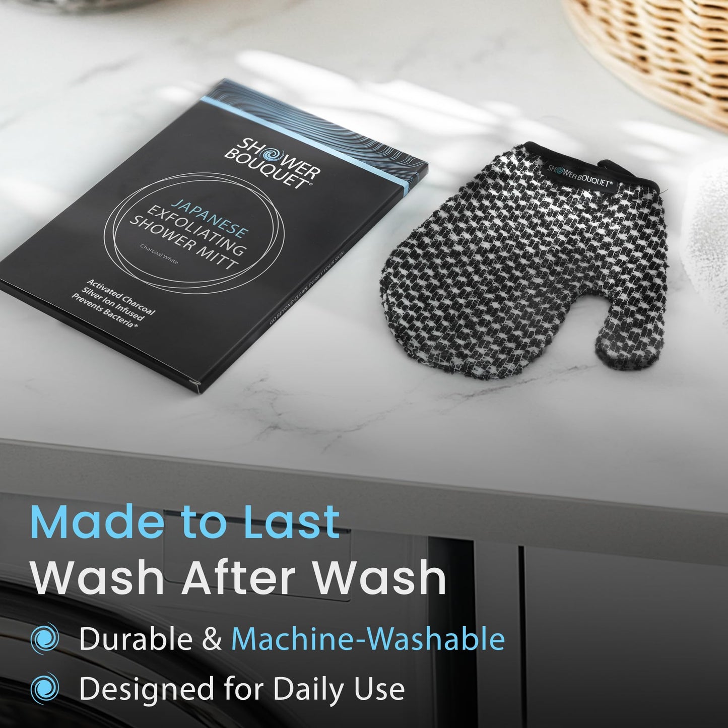 Japanese Exfoliating Mitt 2-Pack - Charcoal & Silver Ion Exfoliating Gloves for Shower - Soft Inner Fabric Gentle Exfoliation & Deep Cleansing Body Scrub Gloves for All Skin Types - 1 White, 1 Green