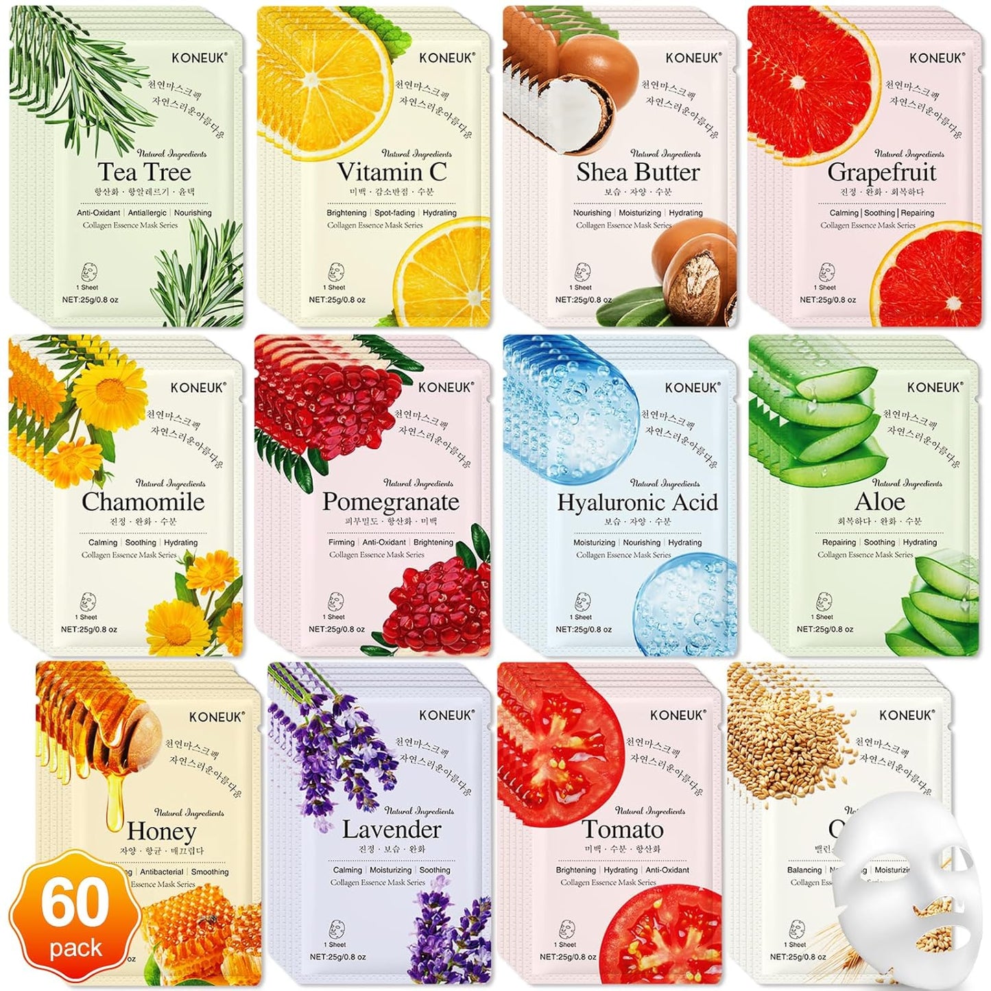 Skiennix Collagen Essence Face Masks - Hydrating Sheet Masks for Dry & Sensitive Skin | 60 Pack