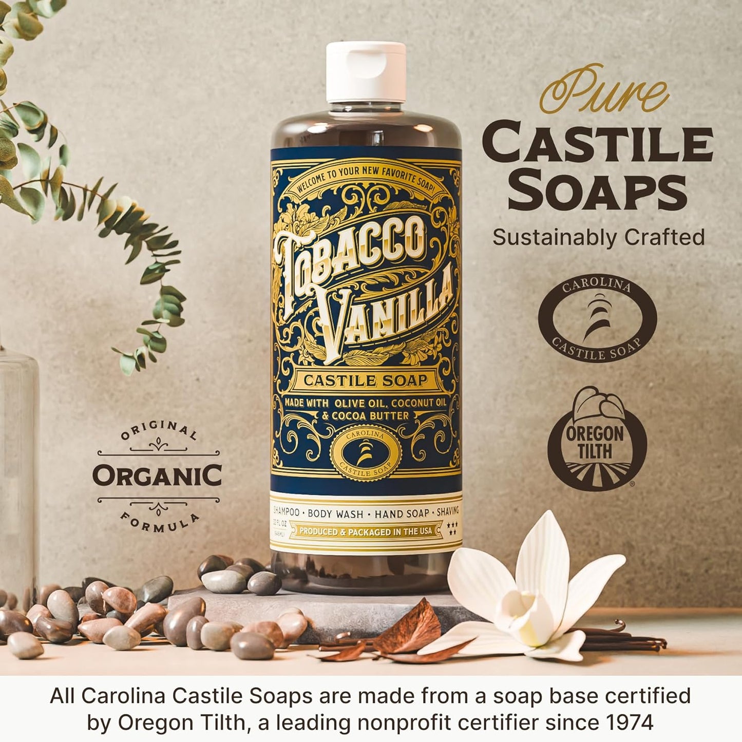 Carolina Castile Liquid Body Wash - Natural Shampoo for Sensitive Skin with Olive Oil & Cocoa Butter | Tobacco Vanilla, 32 Fl Oz