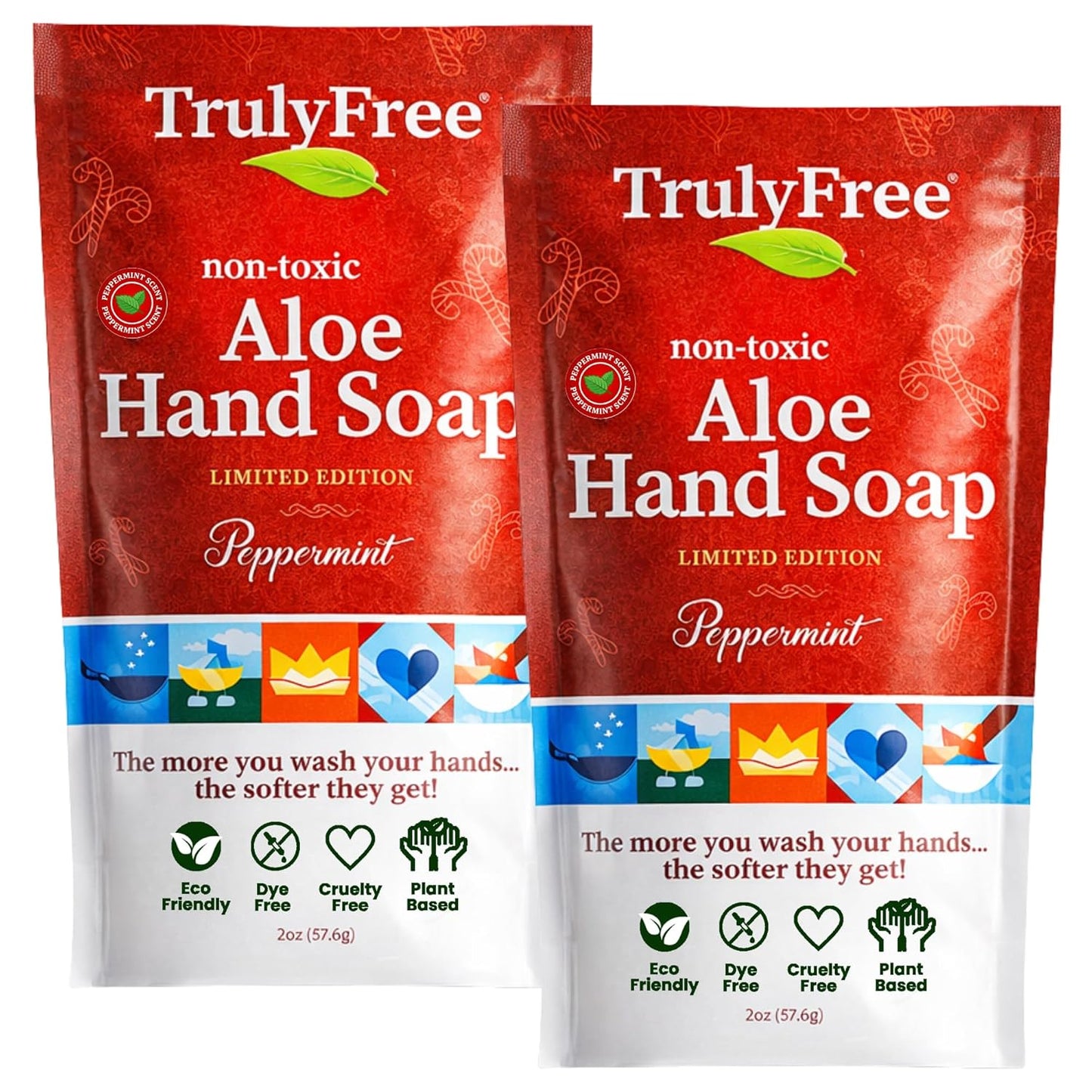 Truly Free Peppermint Hand Soap - 10X Concentrated Aloe Vera, Moisturizing & Gentle Cleanser | 2 Refill Pouches