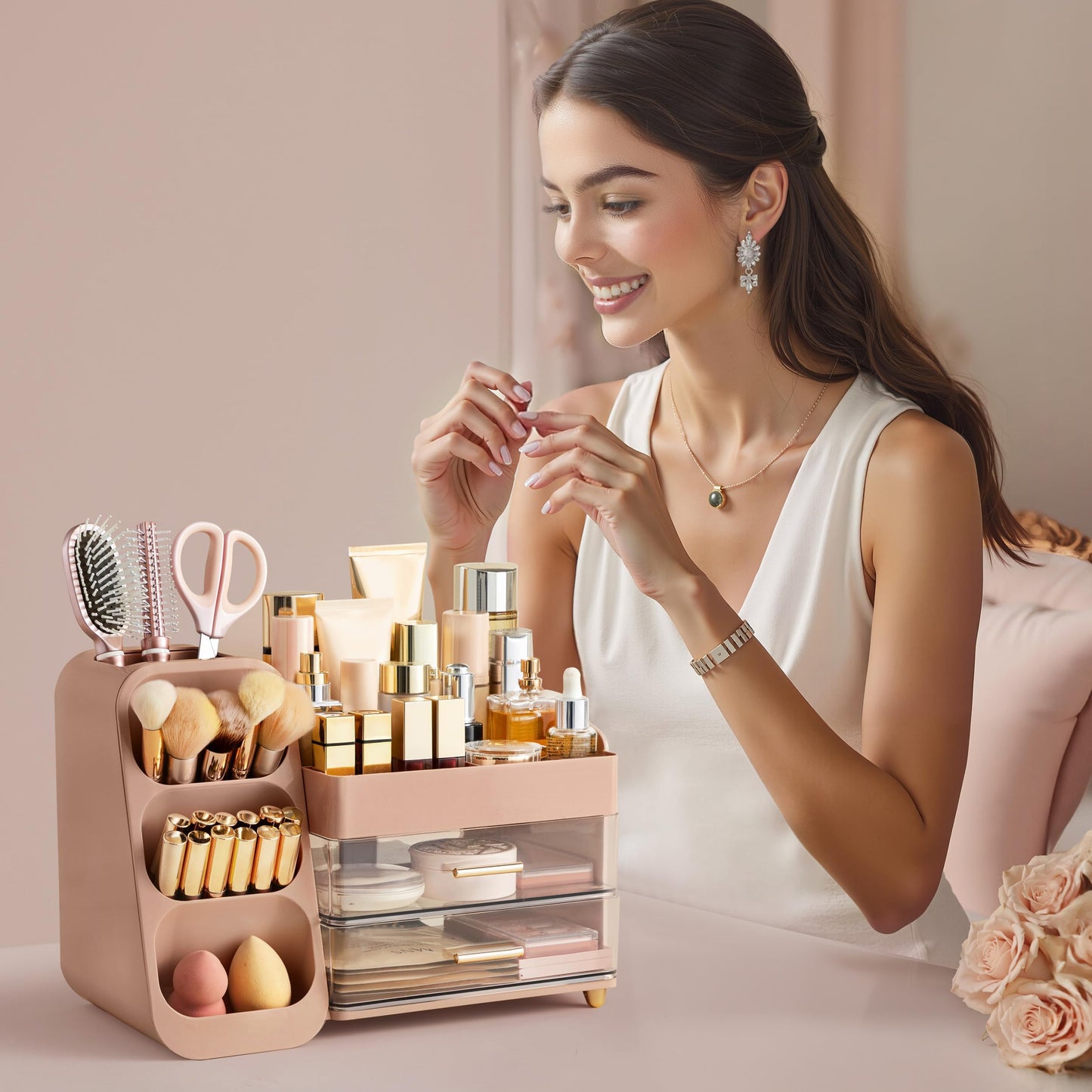 HBlife Makeup Organizer with Brush Holder for Vanity, Large Plastic Bathroom Countertop Organizer Skin Care Storage, Easy to Store Lipsticks, Nail Polishes, Perfumes, Eyeshadow Palettes, Pink