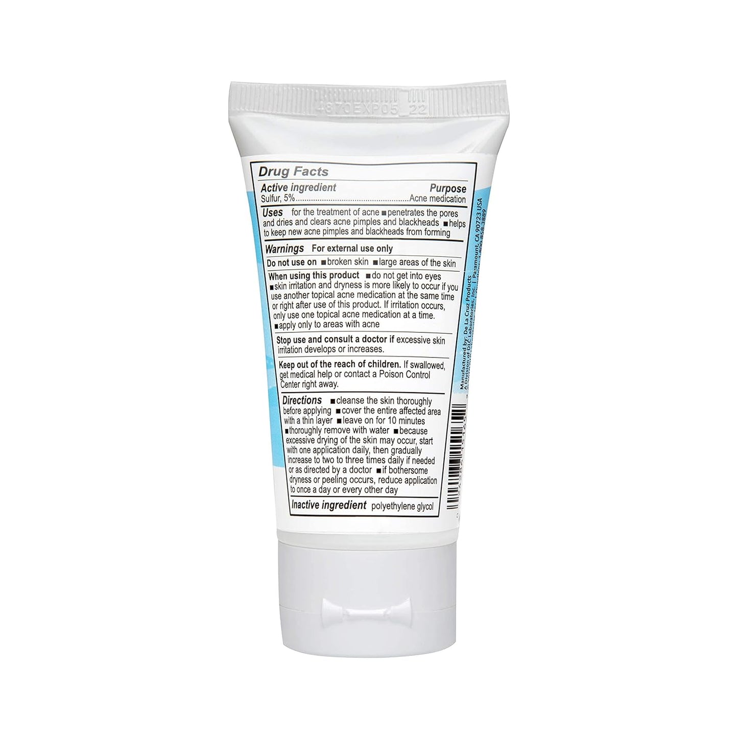 De La Cruz 5% Sulfur Ointment - Effective Cystic Acne Treatment for Face & Body - 2.6oz Tube
