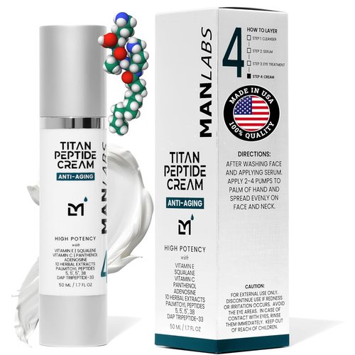 Man Labs Titan Peptide Anti-Aging Face Cream - Revitalize & Firm Skin with Peptides, Vitamin C & E - Unscented, All Skin Types