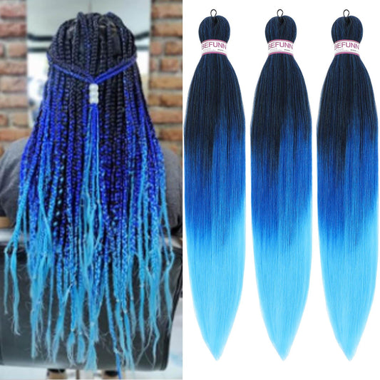 BEFUNNY Braiding Hair,24 Inch 3 Packs Three Tone Blue Pre Stretched Braiding Hair,Prestretched Braiding Hair For Women Hair,Professional Yaki Synthetic Hair Extension(3pcs,Blue/L Blue)