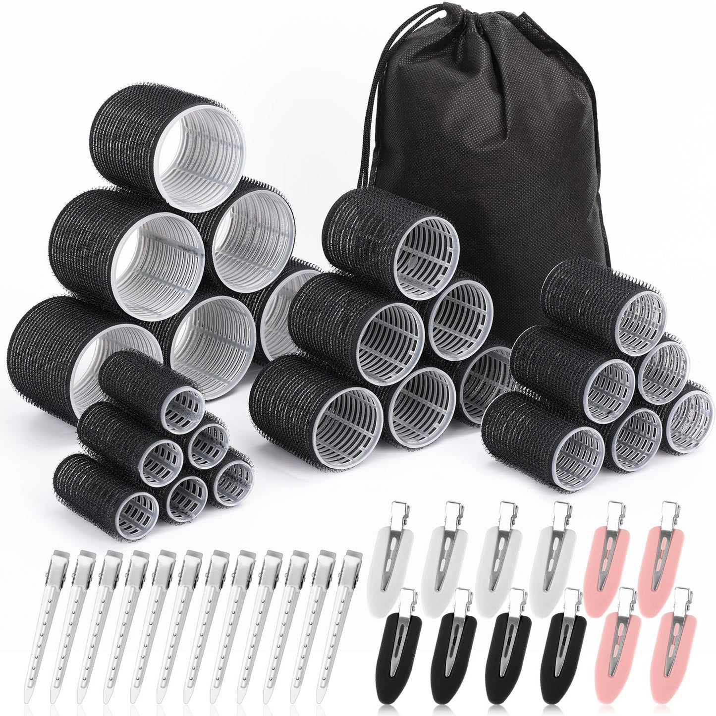 Hair Curlers Set with 24 Rollers (6 Jumbo, 6 Large, 6 Medium, 6 Small) and 24 Clips for All Hair Lengths (Black)