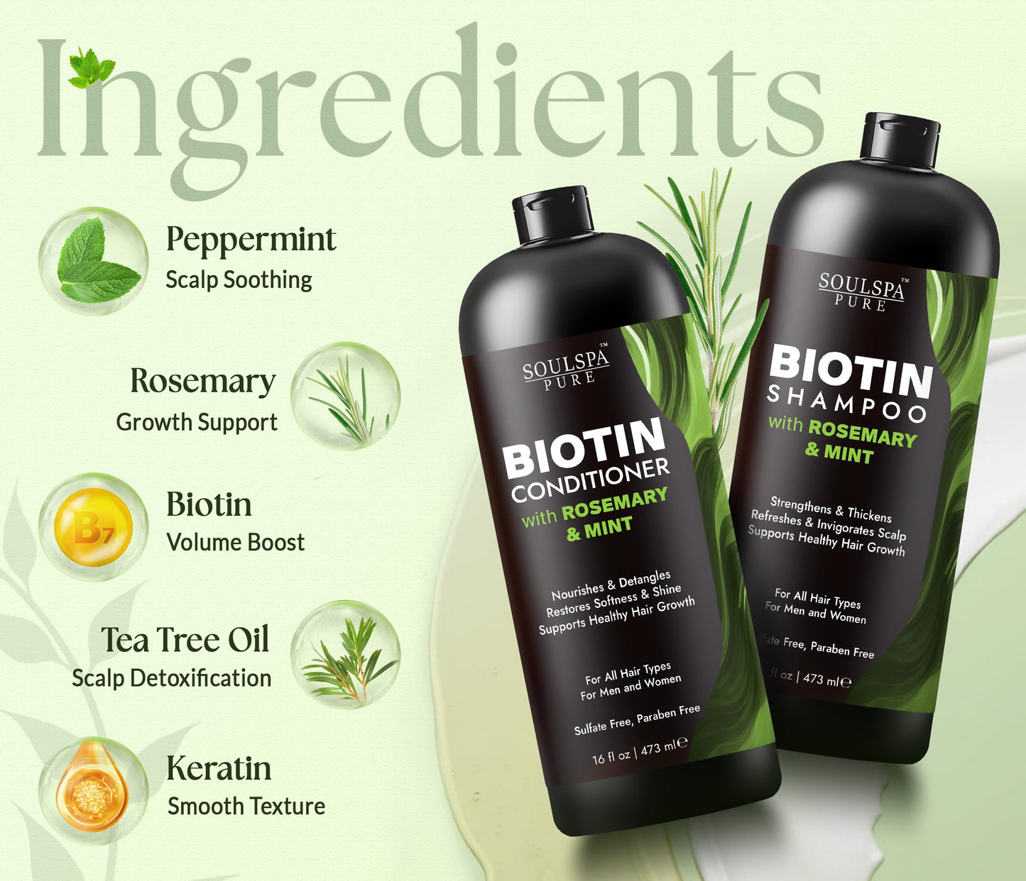 SOULSPA PURE Biotin Rosemary Shampoo and Conditioner Set - Sulfate Free Scalp Care & Hair Strengthening for Thinning, Color-Treated Hair - Rosemary Oil for Men & Women - Made in USA - 16 fl oz Each