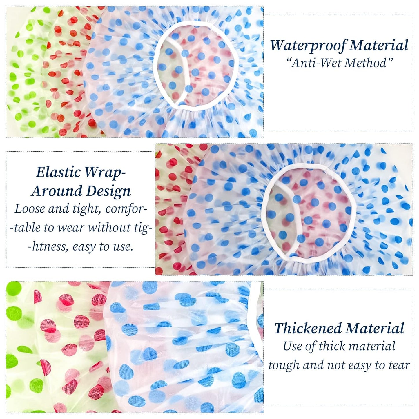 Skiennix Shower Caps - Reusable Waterproof Elastic Caps for Women | 3-Pack in Red, Green, Blue