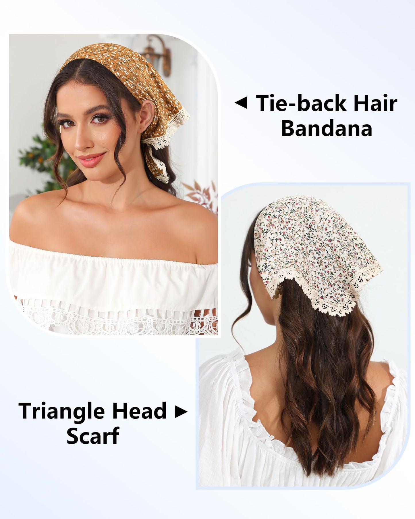 AWAYTR 3Pcs Hair Bandanas Head Kerchief for Women Girls Tie-Back Boho Hair Scarf Headband Bandana Triangle Head Scarf (Floral - Yellow/Black/Beige)