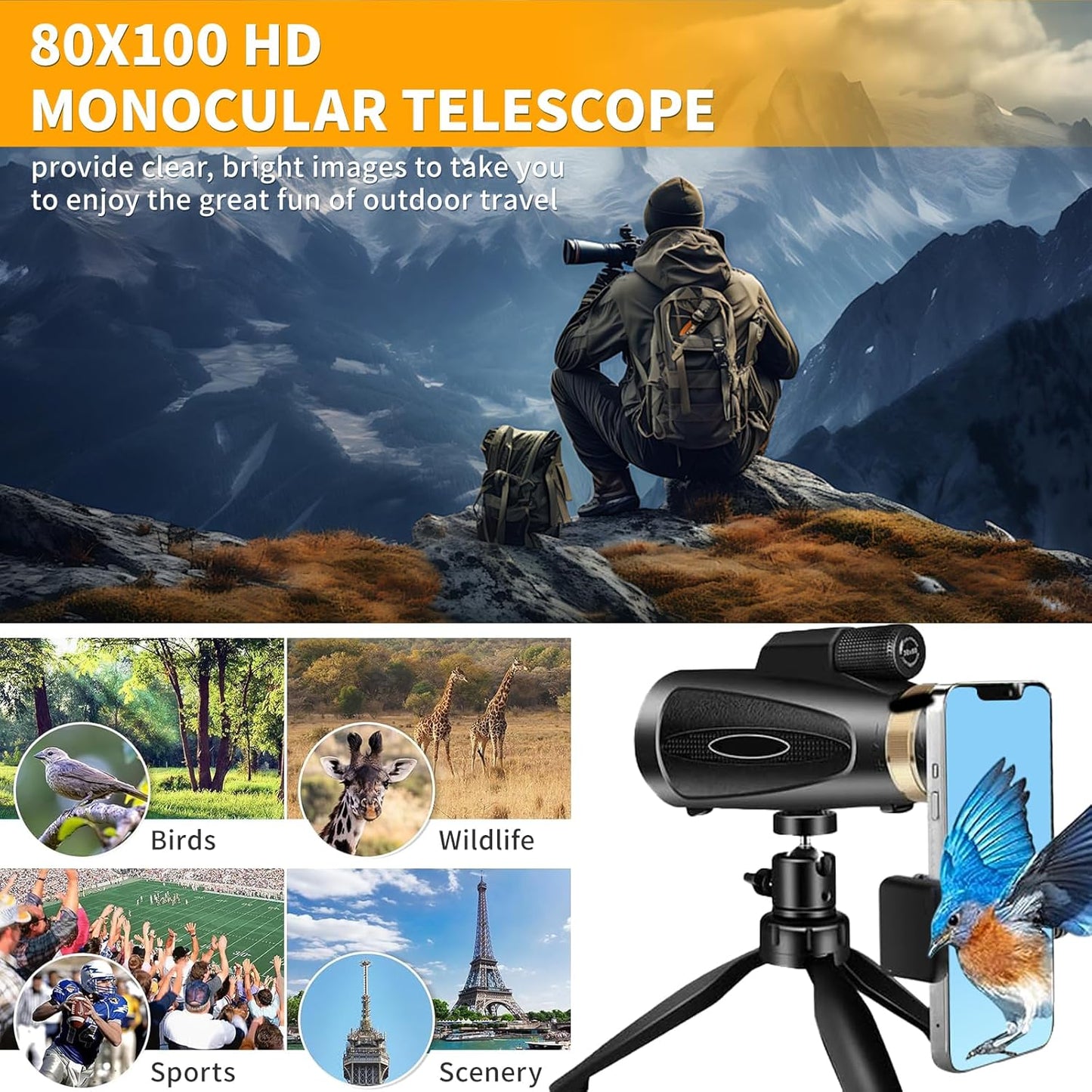 Monocular Telescope 80x100 HD Monoculars for Adults with Tripod & Phone Adapter, Monoculars for Bird Watching Stargazing Camping Hiking Hunting Wildlife Travel-Black