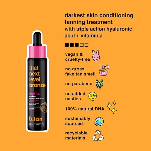 B.TAN Dark Self Tan Drops - Achieve a Deep Bronze Glow for Face & Body | Vegan, 1.0 Fl Oz