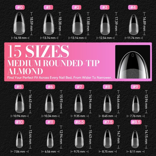 Makartt Medium Almond Nail Tips: 504 PCS Pre-Etched Clear False Nails Tips Almond Shapes, 15 Sizes Full Cover Half Matte Soft Acrylic Press On Nail Extensions Supplies Salon and DIY at Home