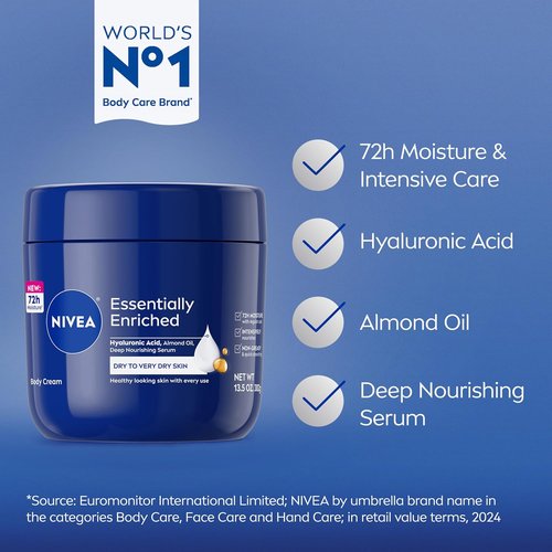 NIVEA Essentially Enriched Body Cream - Deep Nourishing Moisturizer with Hyaluronic Acid & Almond Oil | 13.5 Oz Jar