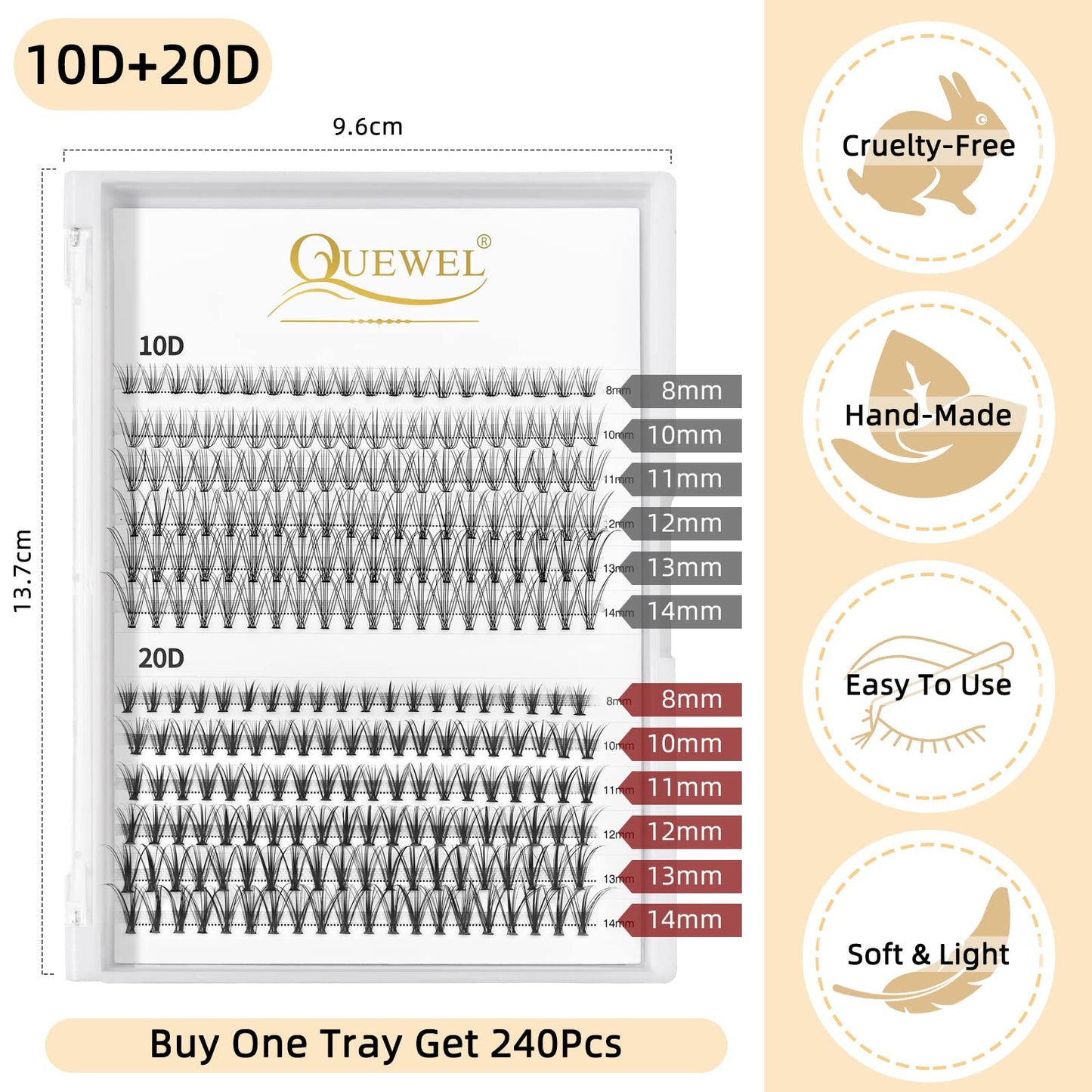 QUEWEL Cluster Lashes 240Pcs Individual Lashes 10D+20D C Curl Mix8-14mm Lash Extensions Clusters Lashes Soft&Natural False Eyelashes Individual DIY Eyelash Extension at Home(10D+20D C MIX8-14)