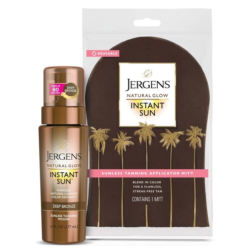 Jergens Natural Glow Self Tanner Mousse Bundle - Deep Bronze Sunless Tanning | 6 Oz & Application Mitt