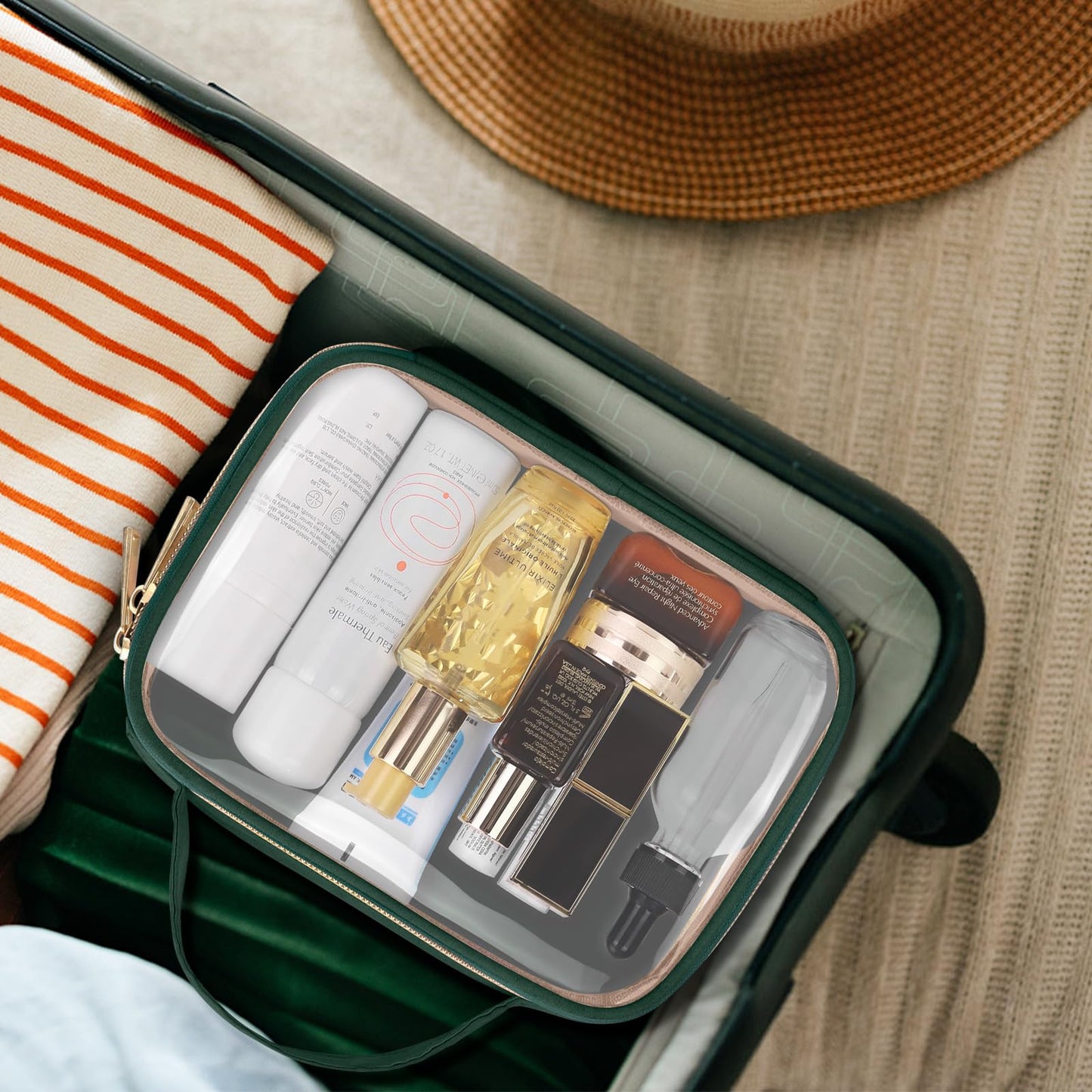 Wedama TSA Approved Toiletry Bag, 2 Pack Clear Makeup Bags with Handles, Quart Size Clear Toiletry Bags, PVC Cosmetic Bags for Women and Men, Carry on Airport Airline Compliant Bag, Dark Green