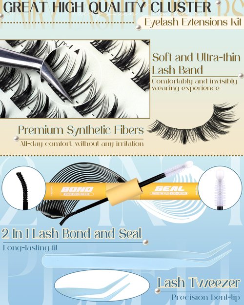 Fairy Lash Clusters Kit Wispy Eyelashes 10/12/14mm Natural Eyelash Extensions Kit Airy Cute Cluster Lashes with Bottom Lashes Manga eyelash Clusters Kit with Lash Bond and Seal, Tweezers by Pleell