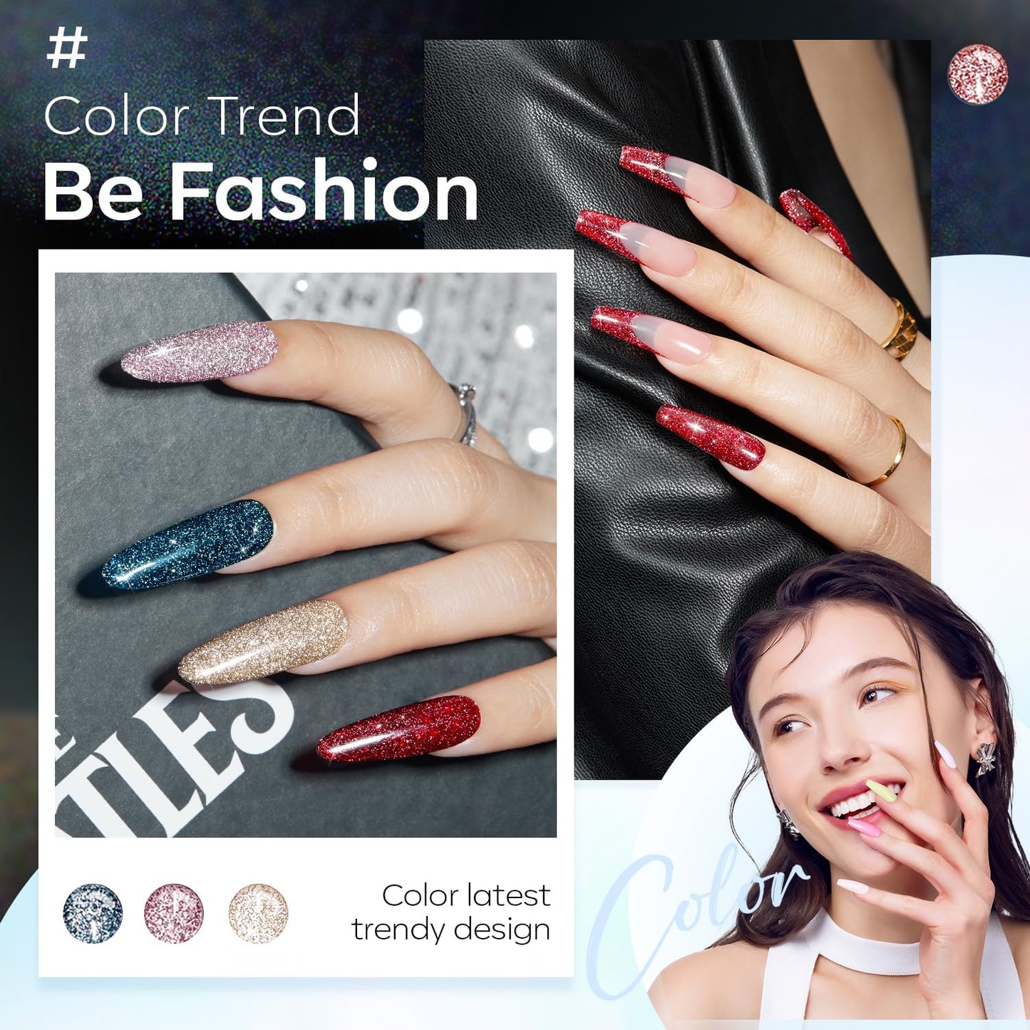 modelones Reflective Glitter Gel Nail Polish Set of 6 Colors Pink Red Black Silver Shimmer Sparkle Gel Polish Collection Kit LED Soak Off Nail Polish Manicure Art Gel Kit Home DIY Nail Salon